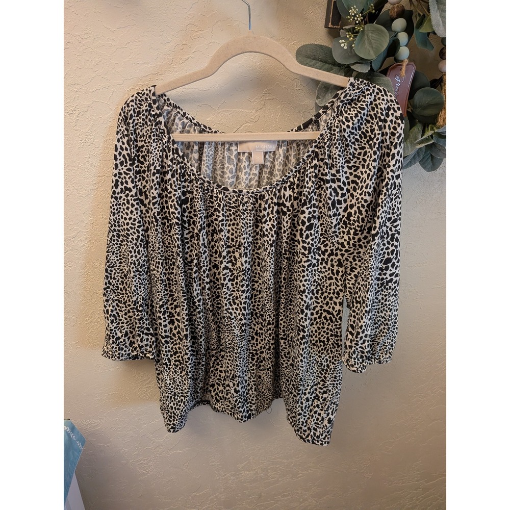 Michael Michael Kors Womens Cheetah Print Neck 3/4 Sleeve Blouse‎ Black White